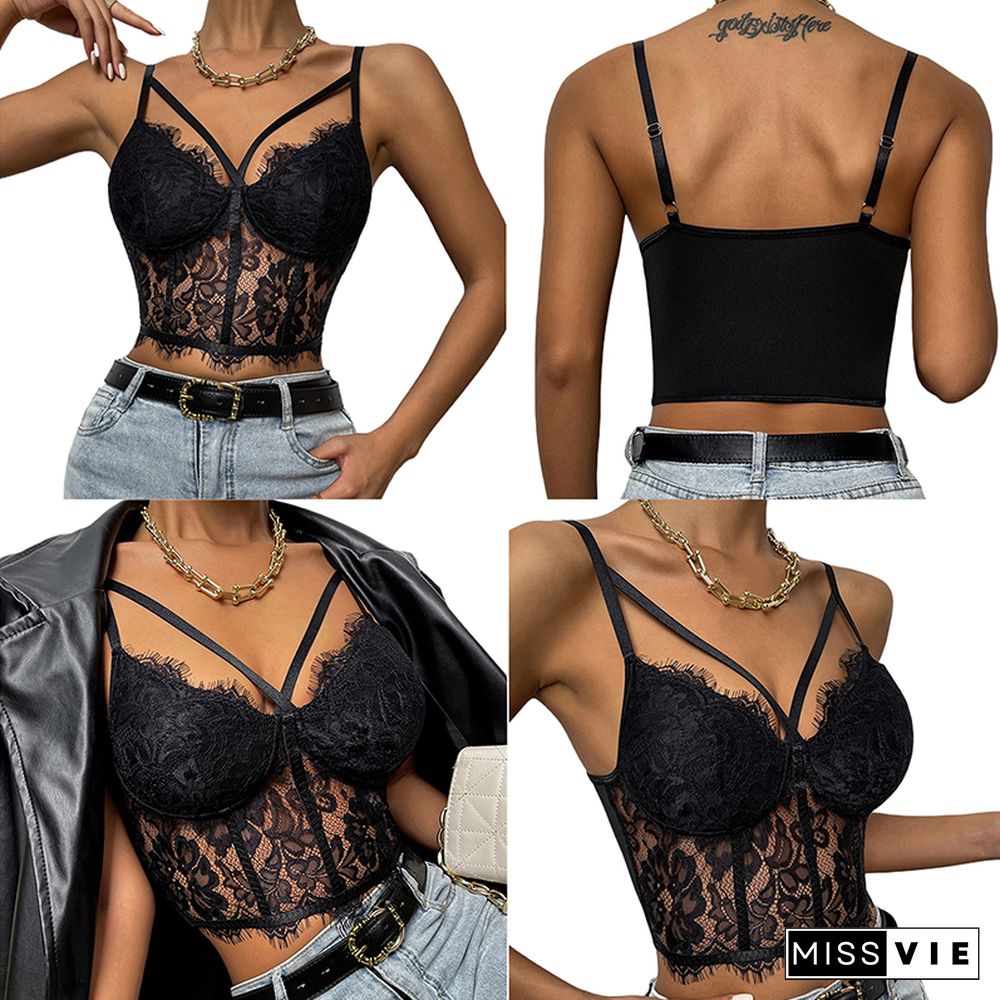 New Sexy Womens Camisole Solid Color Lace Hollow Out Sleeveless Backless Spaghetti Strap Crop Tops Summer Ladies Tshirts