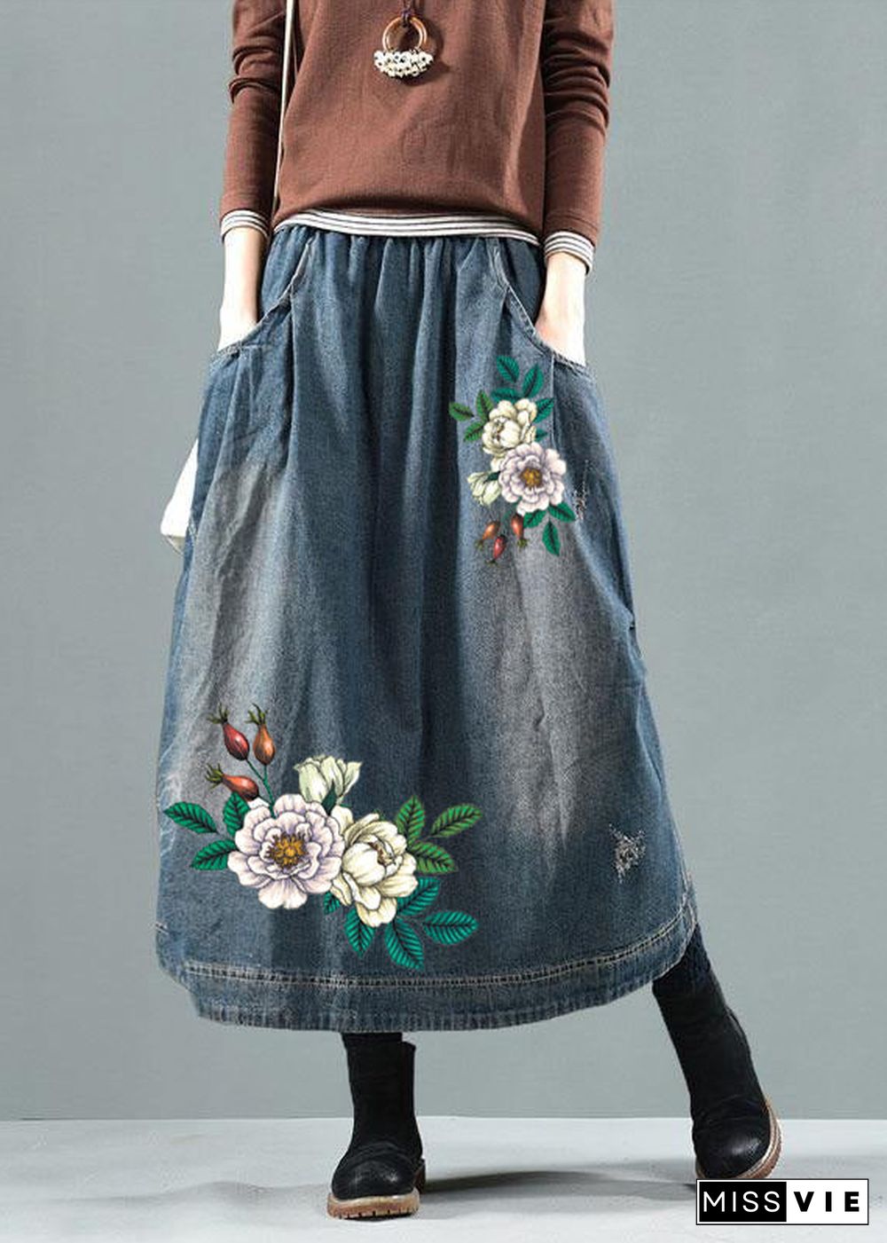 Blue-white flower Pockets Retro Patchwork Summer Skirts Denim