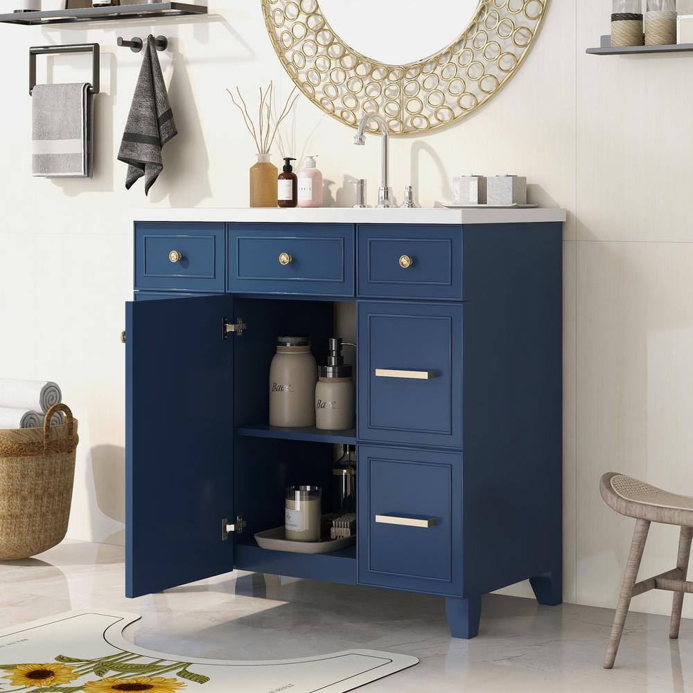 Aoibox 36 in. W x 18 in. D x 34 in. H Freestanding Bathroom Vanity Cabinet in Navy Blue with White Sink Top SNMX4439