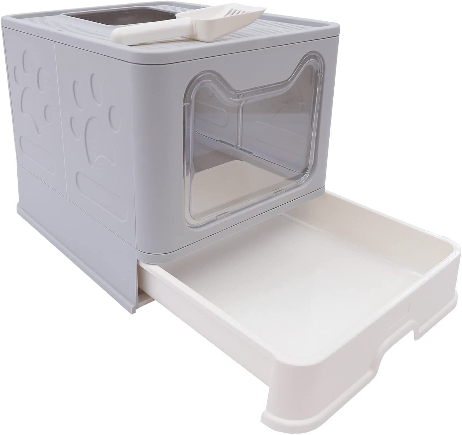 Hooded Cat Litter Box Self Cleaning Kitty Litter Case Clear Door w/ Litter Scoop