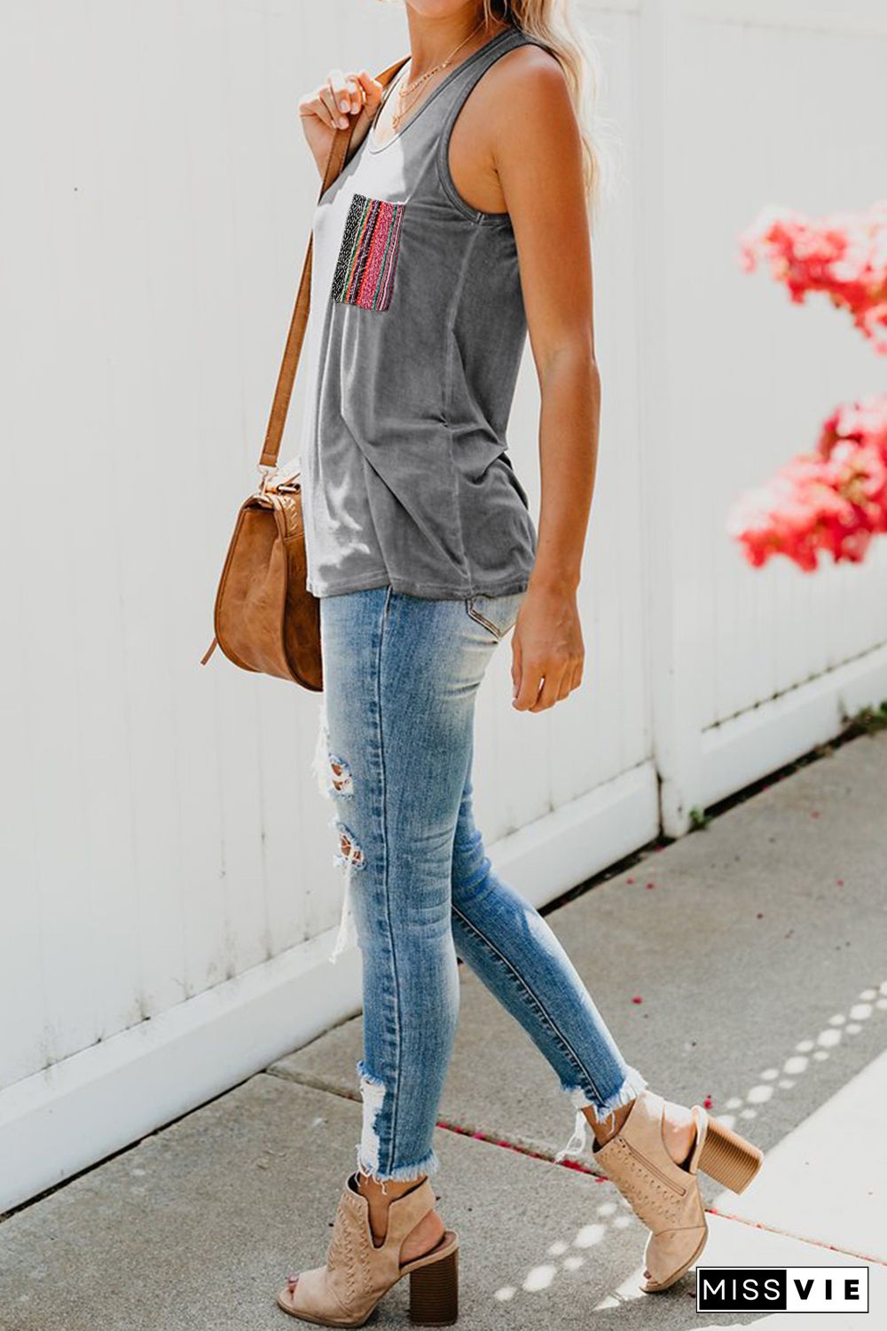 Gray Casual Women Tank Top with Multicolor Pocket