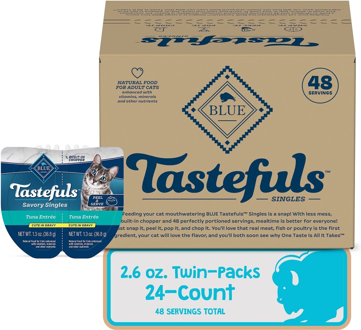 Blue Buffalo Tastefuls Savory Singles Tuna Entrée Cuts in Gravy Adult Cat Food， 2.6-oz cup， case of 24