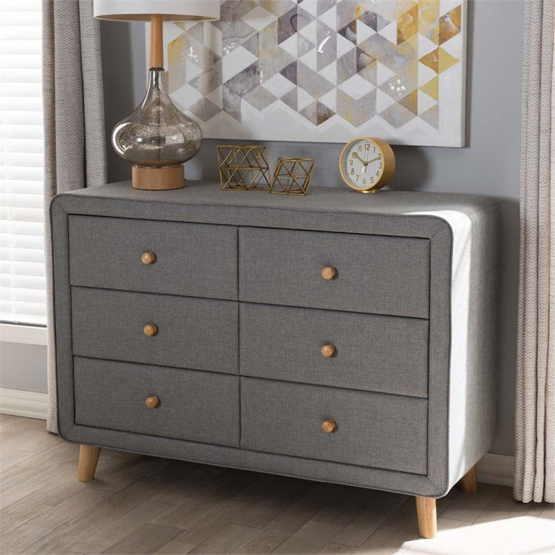 Hawthorne Collection 6 Drawer Fabric Upholstered Dresser in Gray