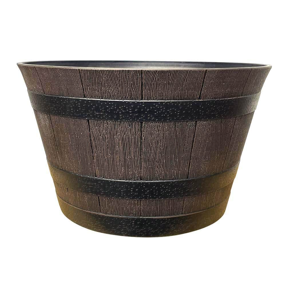 Southern Patio Large 22.24 in. Dia x 13.04 in. H 49 qt. Kentucky Walnut Medium Brown High-Density Resin Whiskey Barrel Outdoor Planter HDR-094913