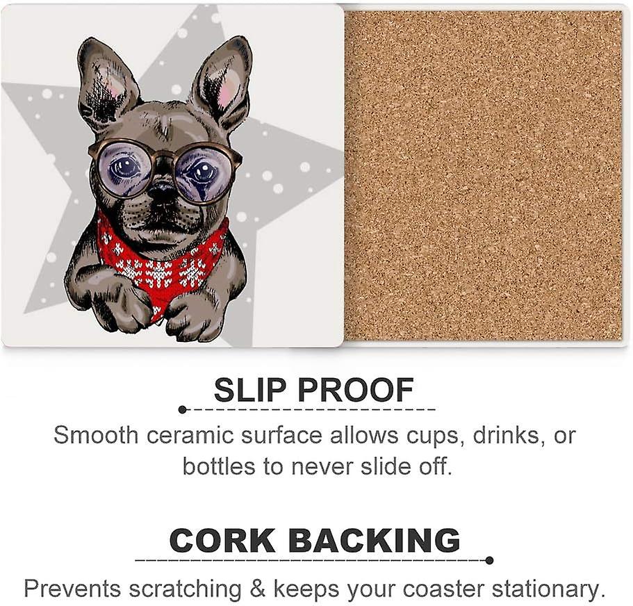 Printed Square French Bulldog Dog Wearing Bandana Ceramic Coasters With Cork-backed For Coffee Drink Cup Mat Absorbent Stone Coaster Set Of 4/6