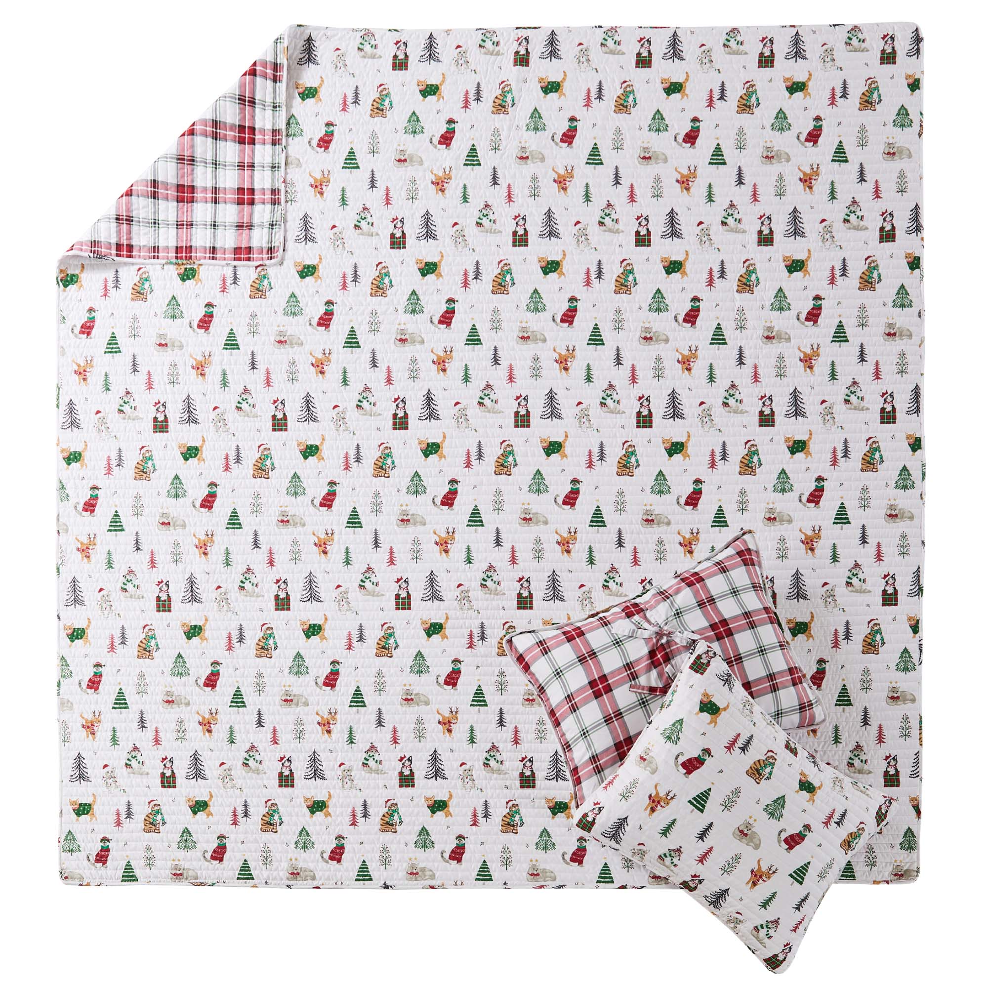 Levtex Home - Meowy Christmas Quilt Set - King Quilt and Two King Shams - Red, Green, Grey and White - Quilt (106x92in.) and Shams (20x36in.) - Reversible - Cotton/Polyester