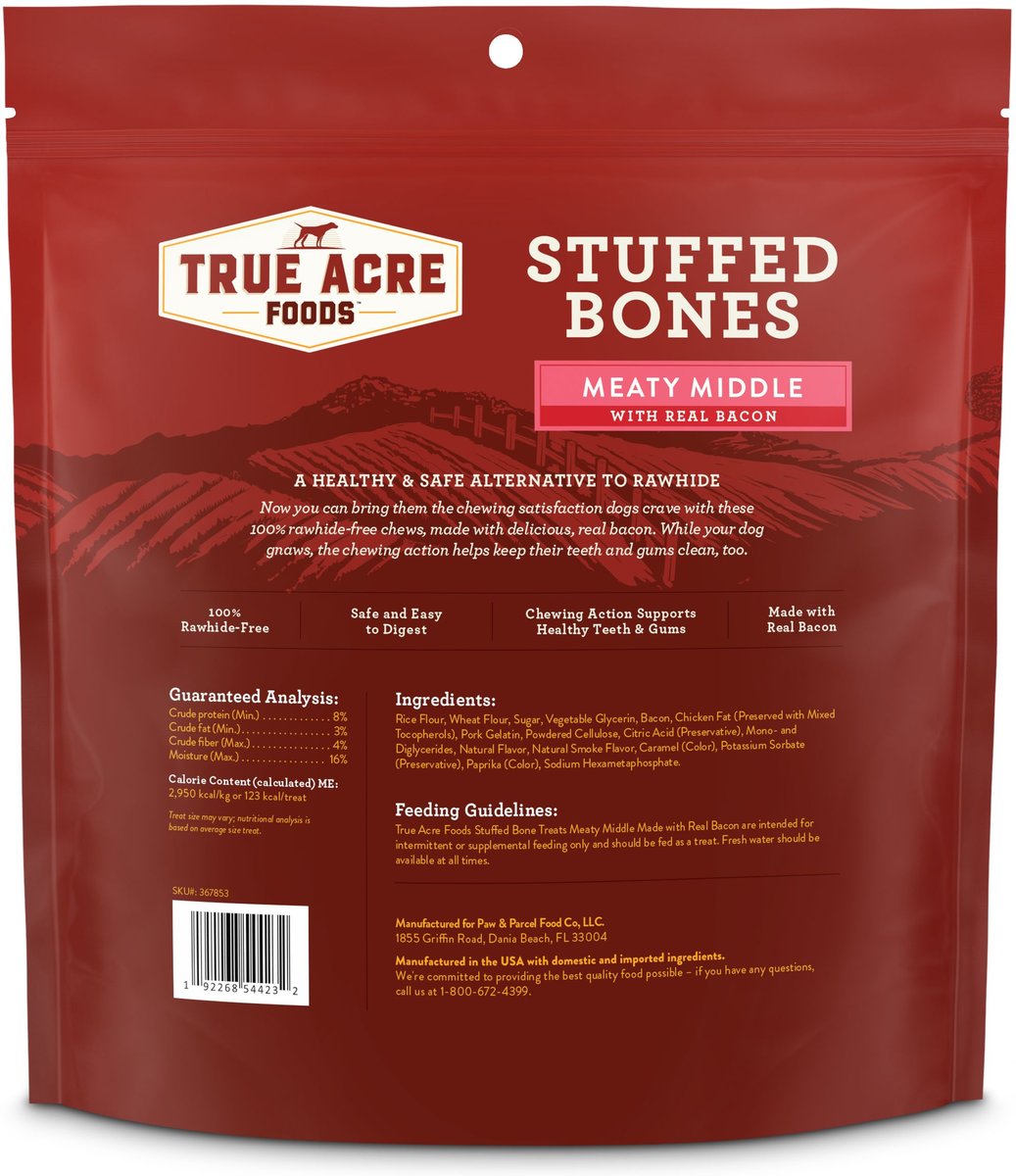 True Acre Foods Medium Stuffed Bone Treats Meaty Middle Made with real Bacon