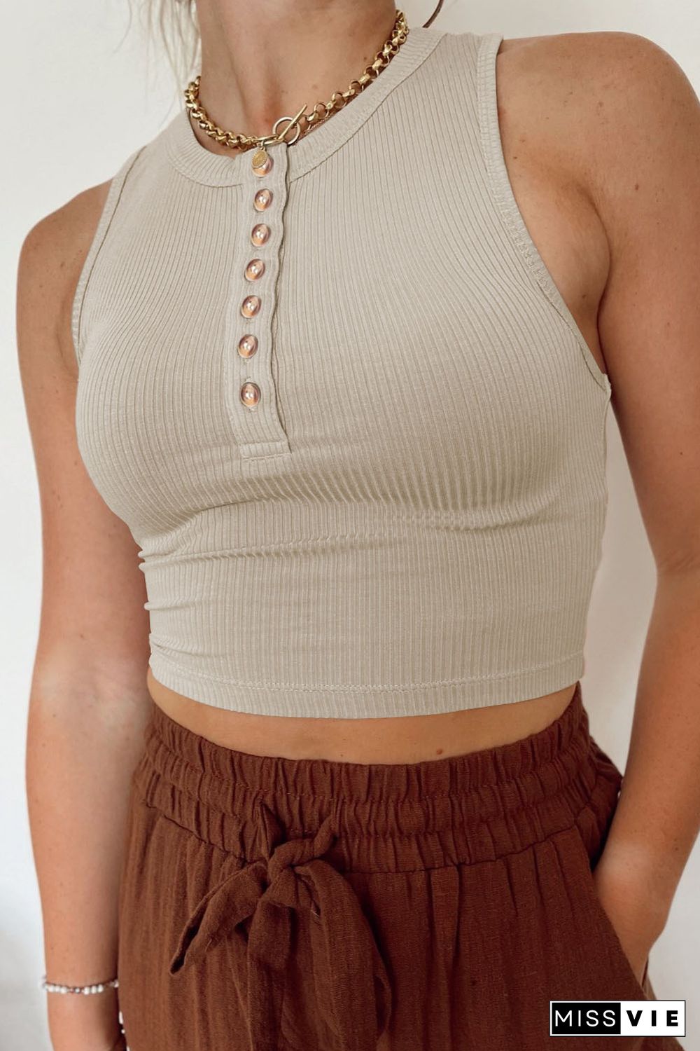 Khaki Solid Color Buttons Ribbed Cropped Tank Top