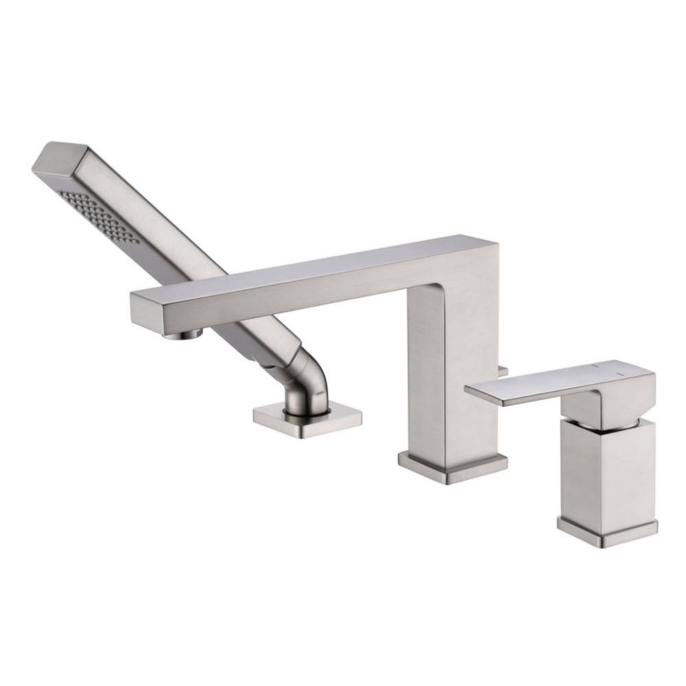 Ultra Faucets Rift Single Handle Deck-Mounted Roman Tub Faucet with Hand Shower in Brushed Nickel UF65843