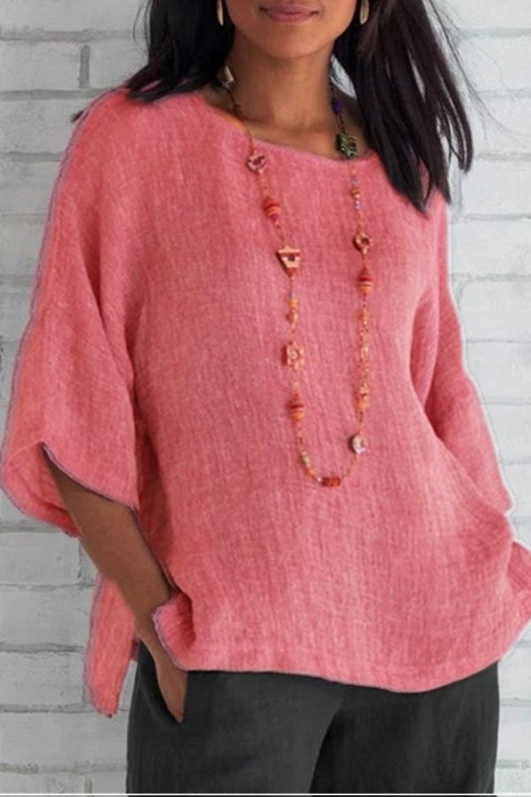 Casual Round Neck Three Quarter Sleeve Plain Blouse