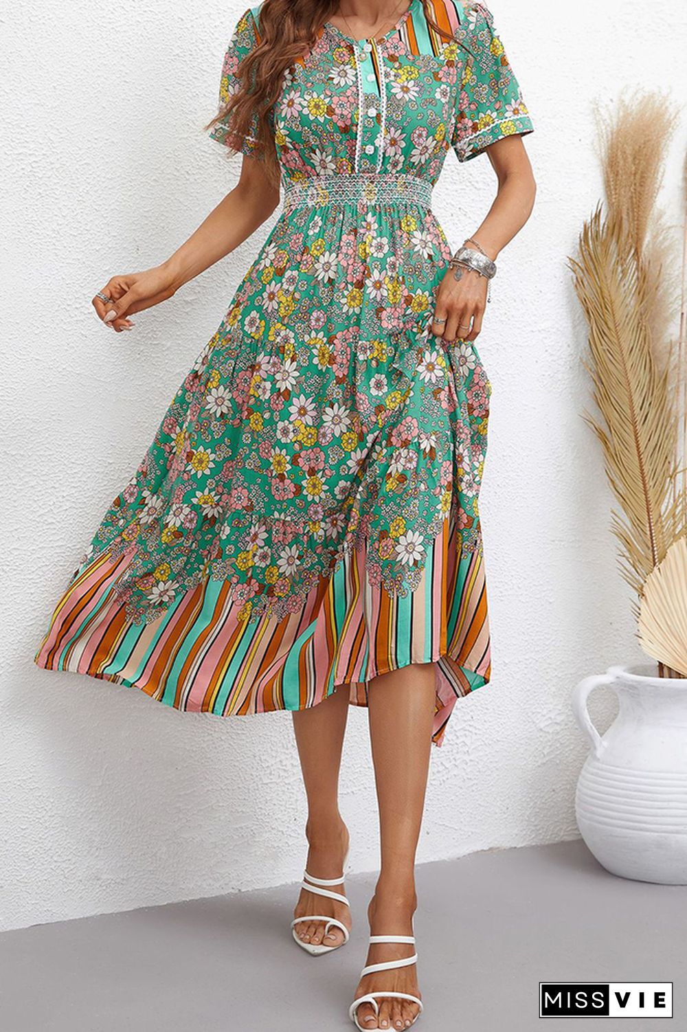 Flower And Stripes Printinig Patchwork Bohemia Dress