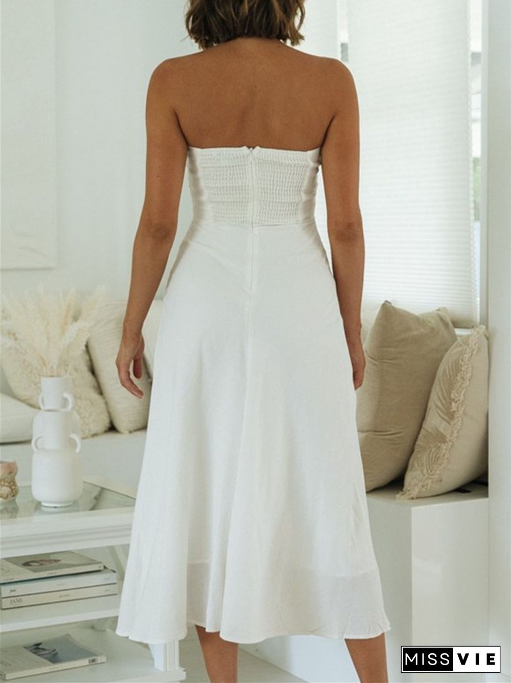 Solid Strapless Backless Waist Long Dress