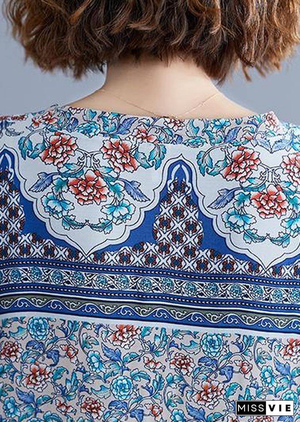 Simple v neck batwing sleeve dresses blue floral Art Dress summer