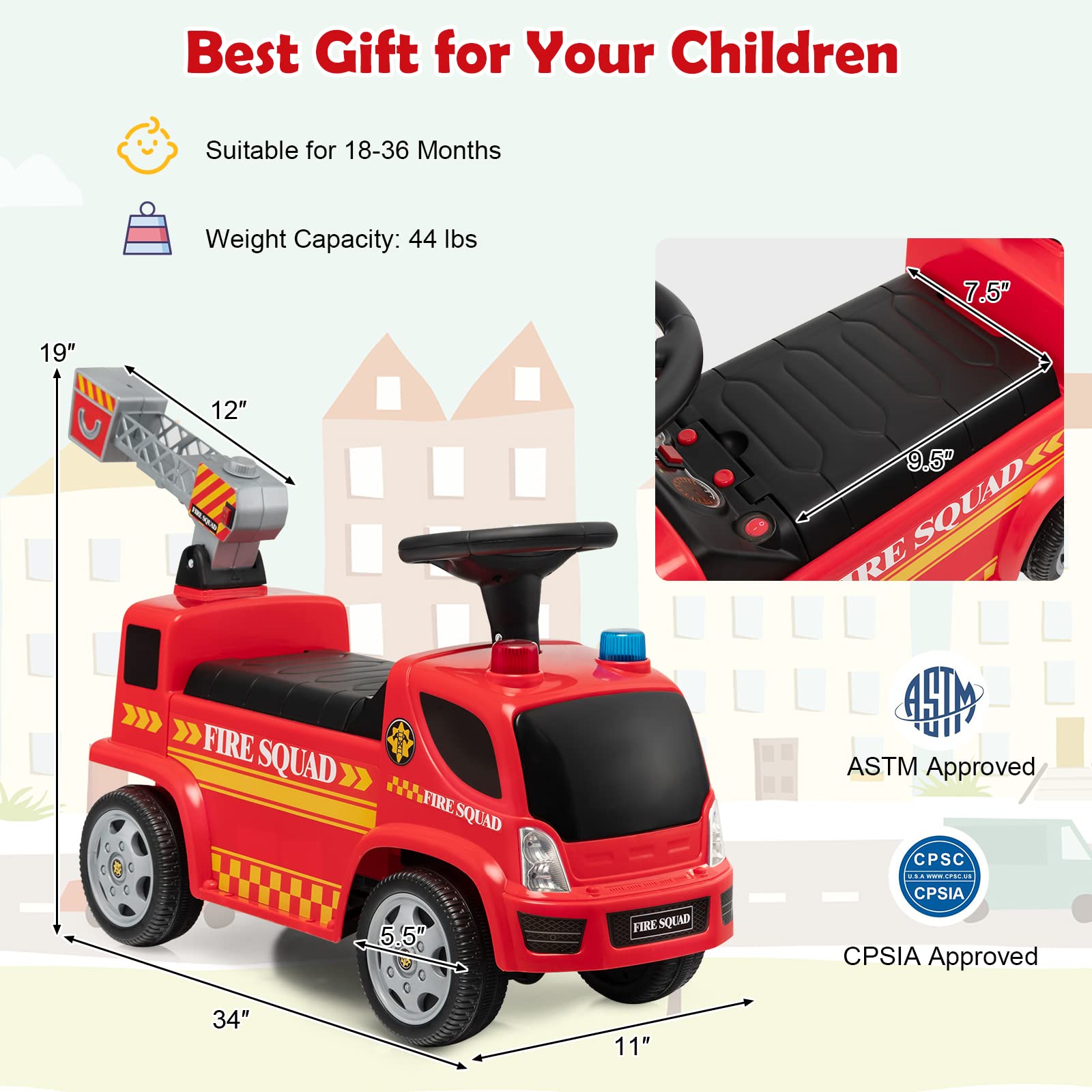 Costzon Kids Ride On Fire Truck, Ride On Push Car with Ladder Bubble Maker