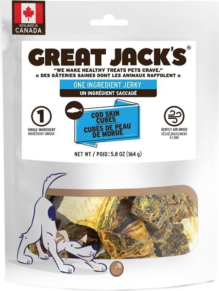 Great Jack's Air Dried Cod Skin Chew Cubes Dog Treats， 5.8-oz bag