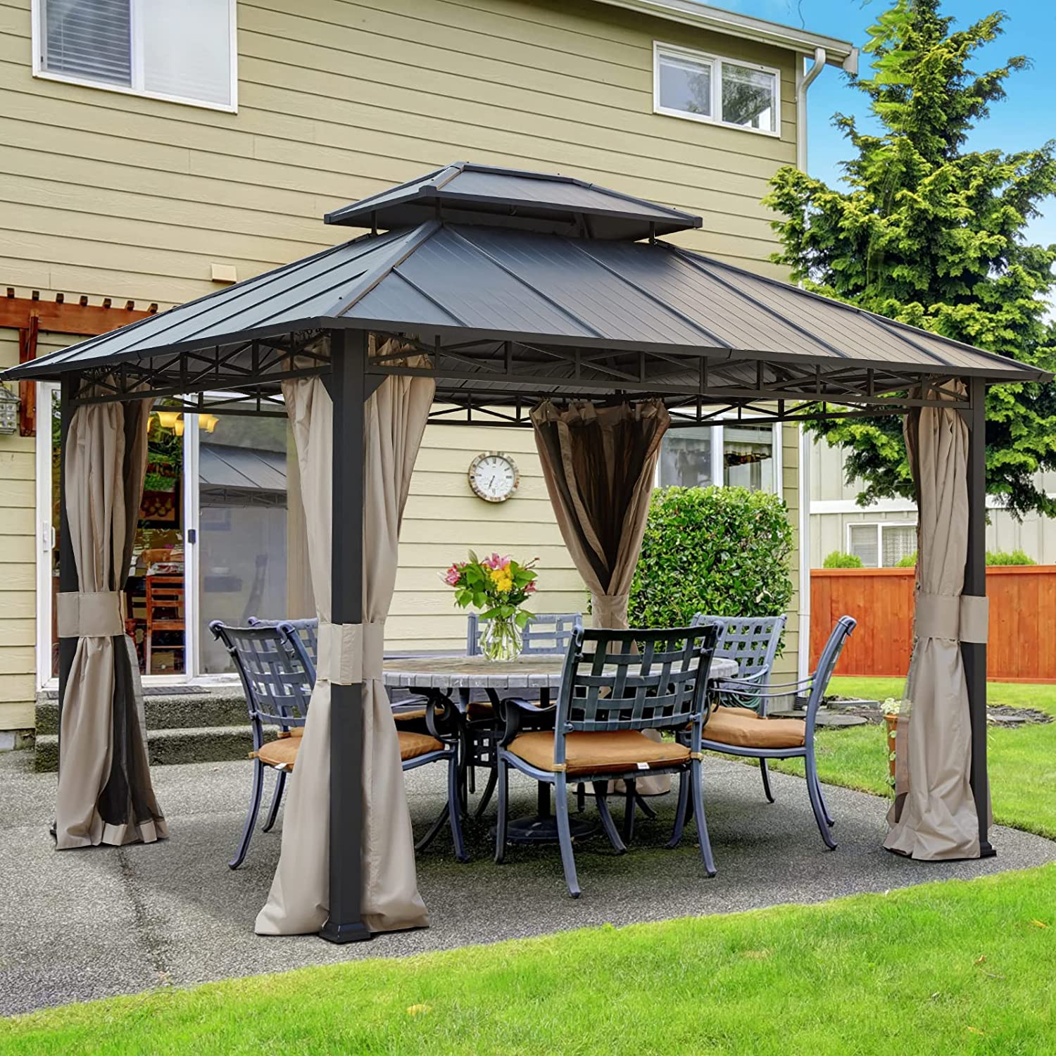 Yoleny 10' X 12' Double Roof Hardtop Gazebo, Outdoor Metal Gazebo with Netting and Curtains for Patios, Garden, Deck