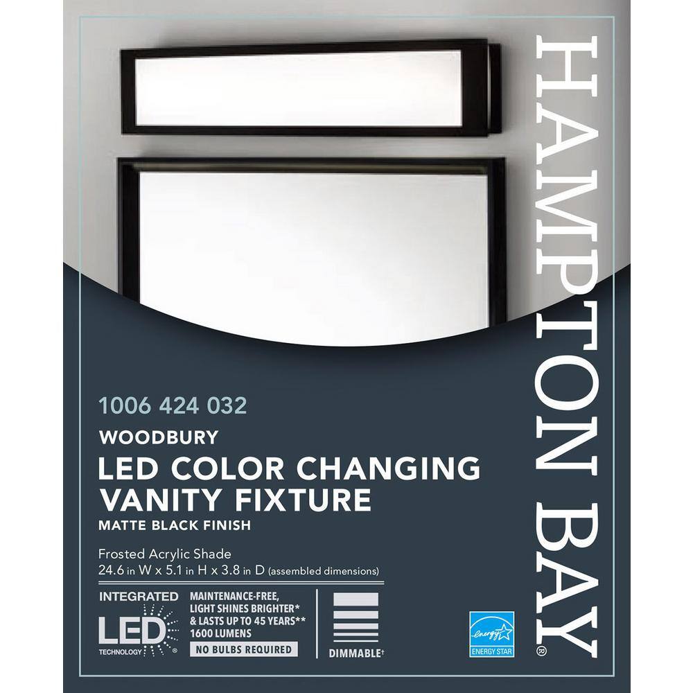 Hampton Bay Woodbury 24.6 in. 1-Light Matte Black Integrated LED Bathroom Vanity Light Bar with Frosted Acrylic Shade IQP1301LX-07BK