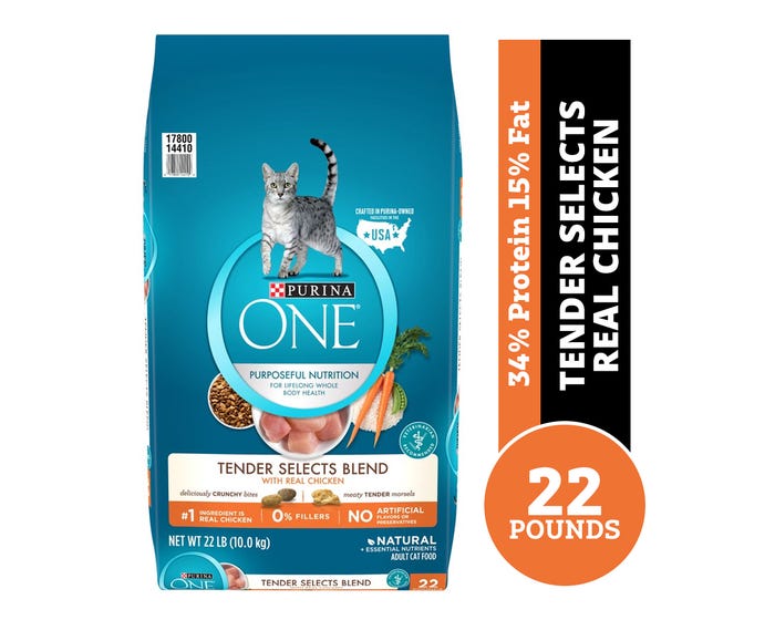 Purina ONE Tender Selects Blend with Real Chicken Dry Cat Food， 22 lb. Bag