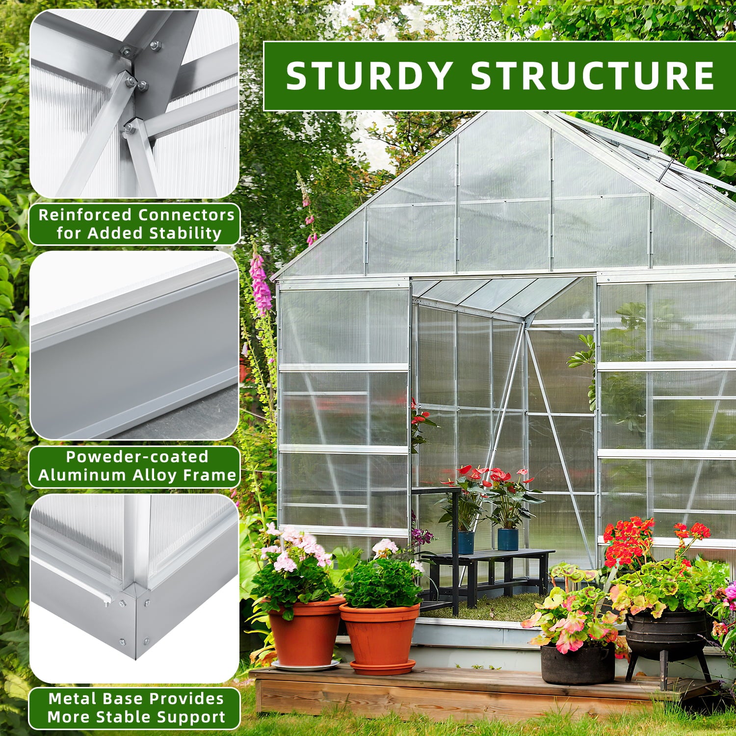 Mellcom 10' x 16' Walk-in Hobby Greenhouse, Outdoor Sliver Aluminum Frame Polycarbonate Green House with Adjustable Roof Vent