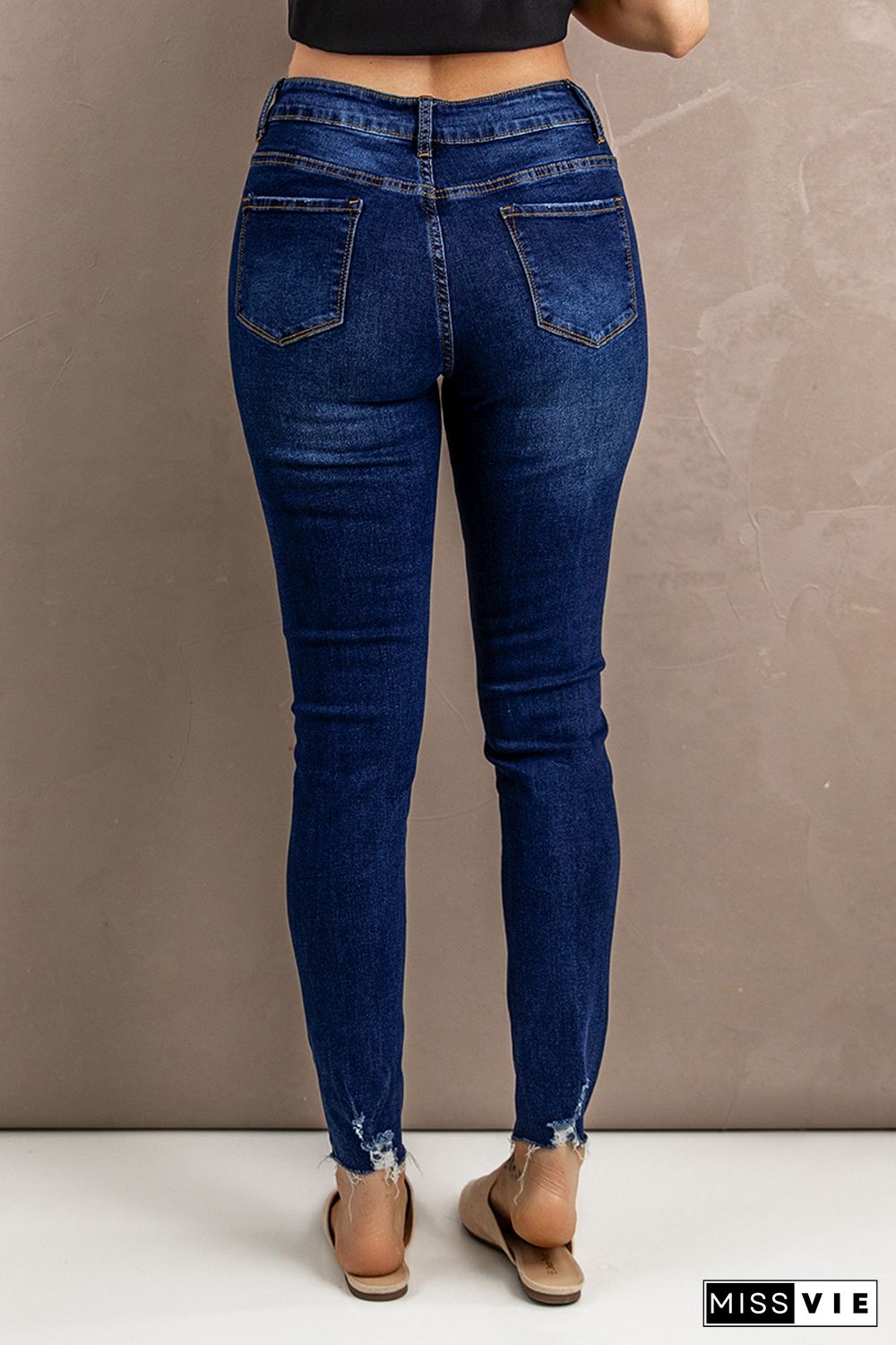 Blue Ripped Button Fly Skinny Jeans