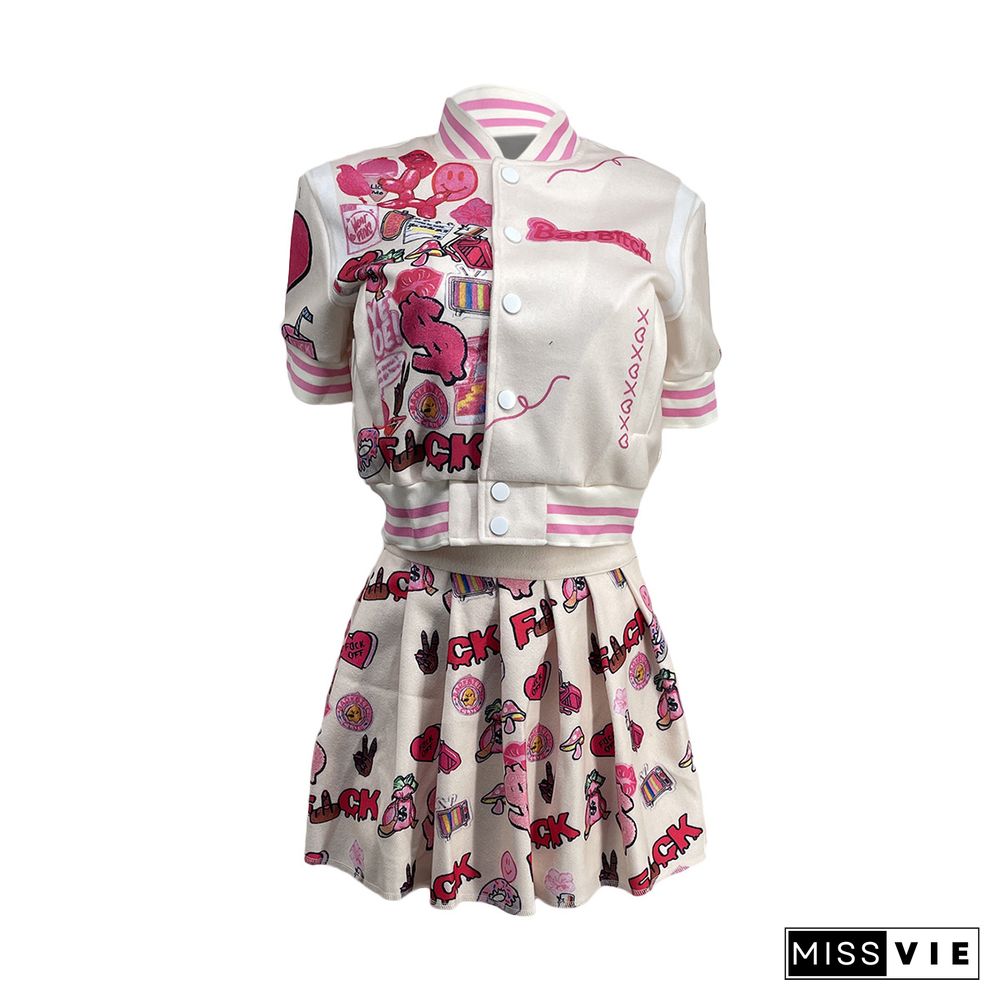 Short Sleeve Print Baseball Jacket Pleated Skirt Sets