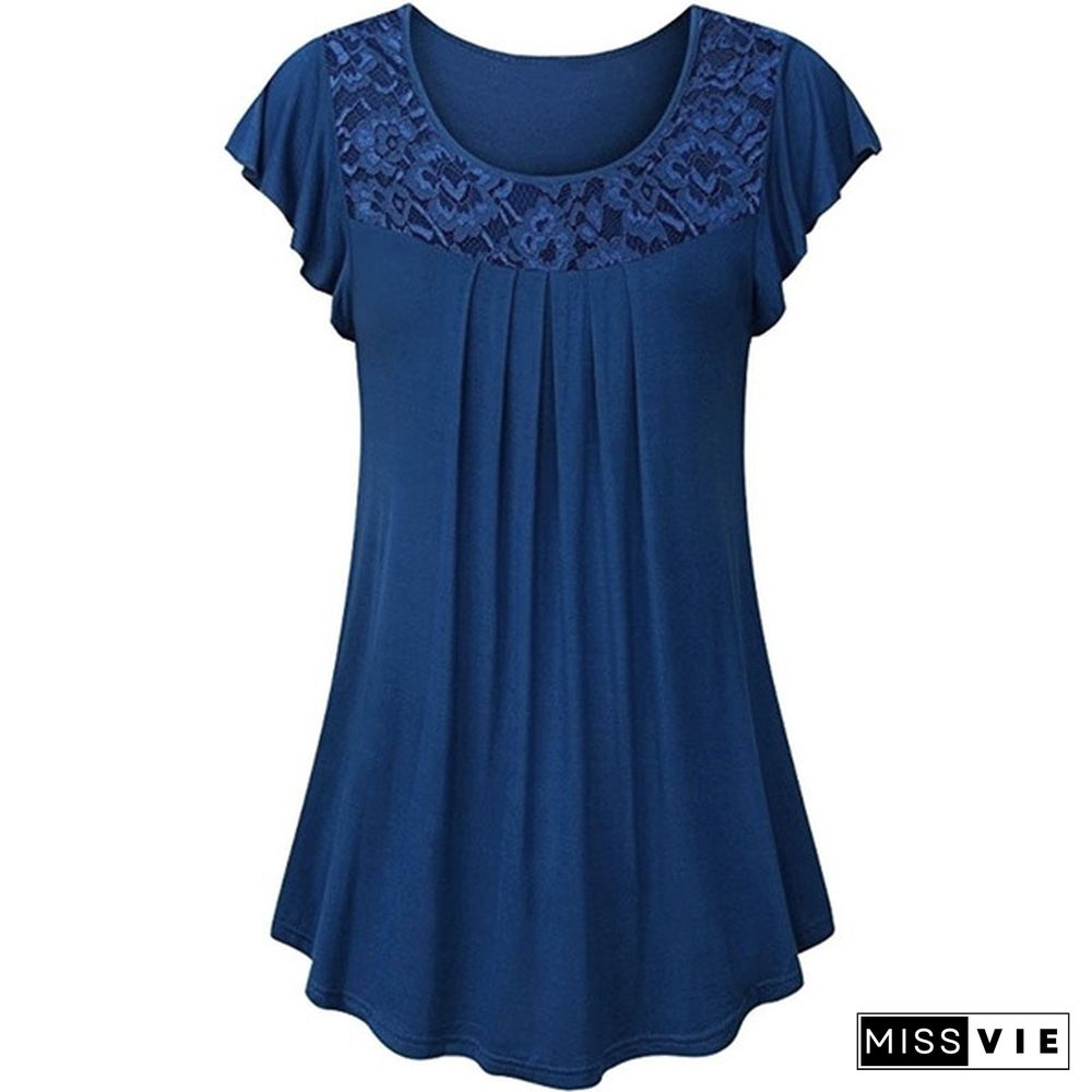 XS-8XL Plus Size Fashion Summer Clothes Womens Tops Loose Lace Stitching Pleated Blouses Ladies Casual Solid Color Short Sleeve Plus Size Cotton T-shirts