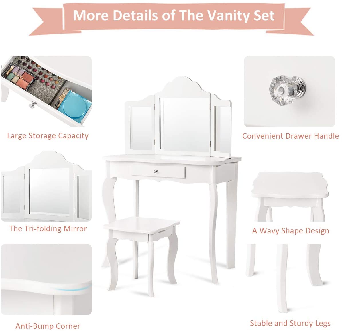 Kids Wooden Vanity Table & Stool Set