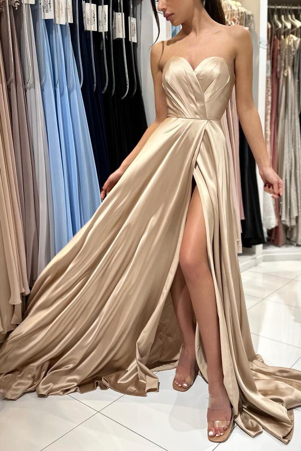 Champagne Sweetheart Prom Dress Split Long