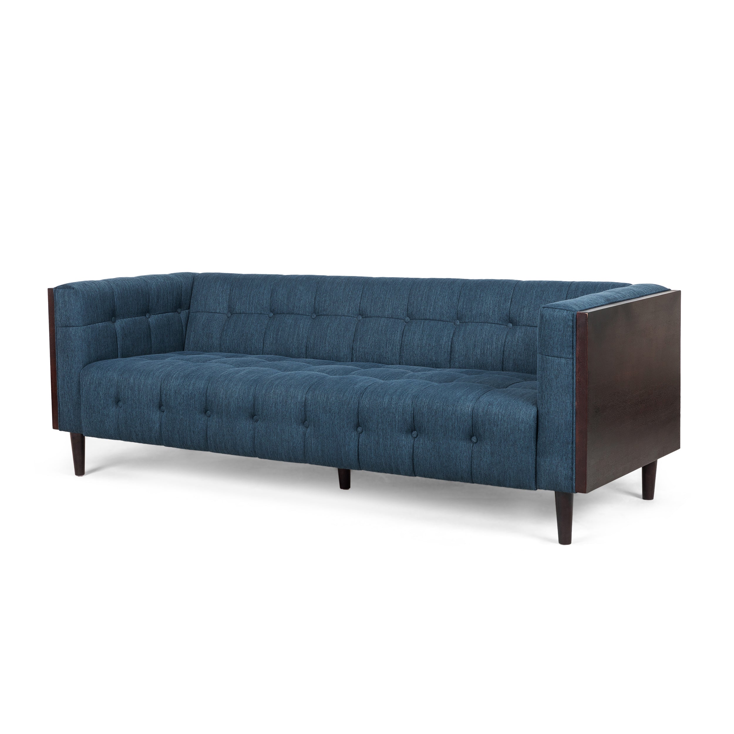 Noble House Penman Fabric Tufted 3 Seater Sofa, Navy Blue and Brown