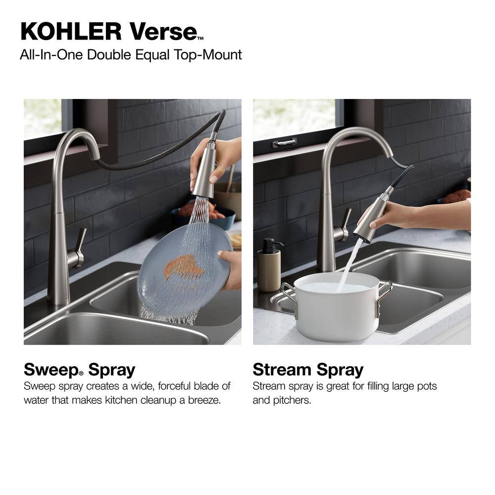 KOHLER Verse Stainless Steel 33 in. Double Bowl Drop-In Kitchen Sink with Faucet K-RH5267-1PC-NA