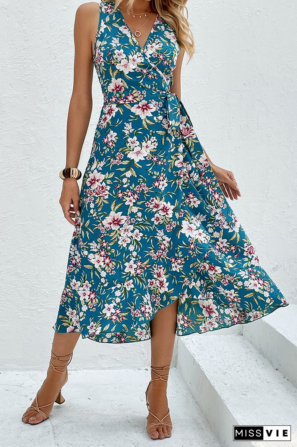 BLue Floral Print V Neck Sleeveless Dress