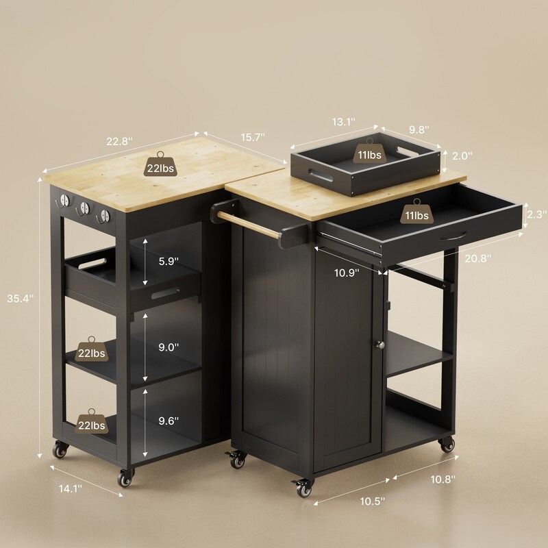 Kitchen Trolley Rolling Island Cart with 1 Drawer  Storage Cabinet and 3 Tier Storage Shelves