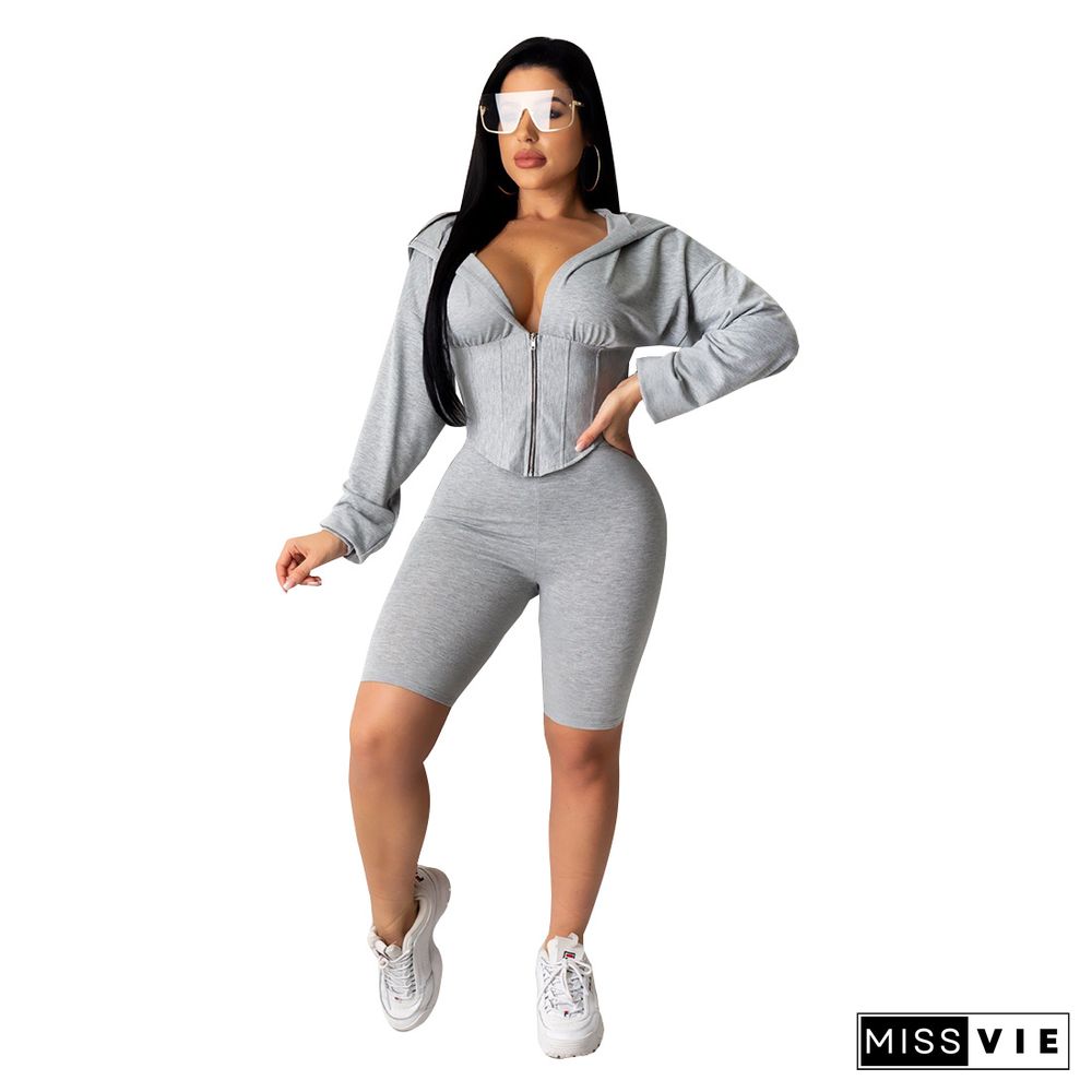 New Women Zipper Long Sleeves Hoodies With Bodycon Shorts 2 Pieces