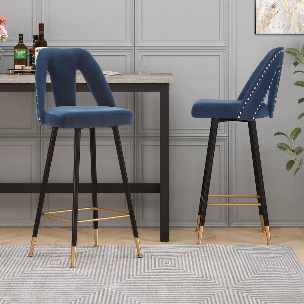 wetiny 40.80 in.Blue Low Back Metal Bar Stool with Velvet Seat Set of 2 Z-T-0810002-5