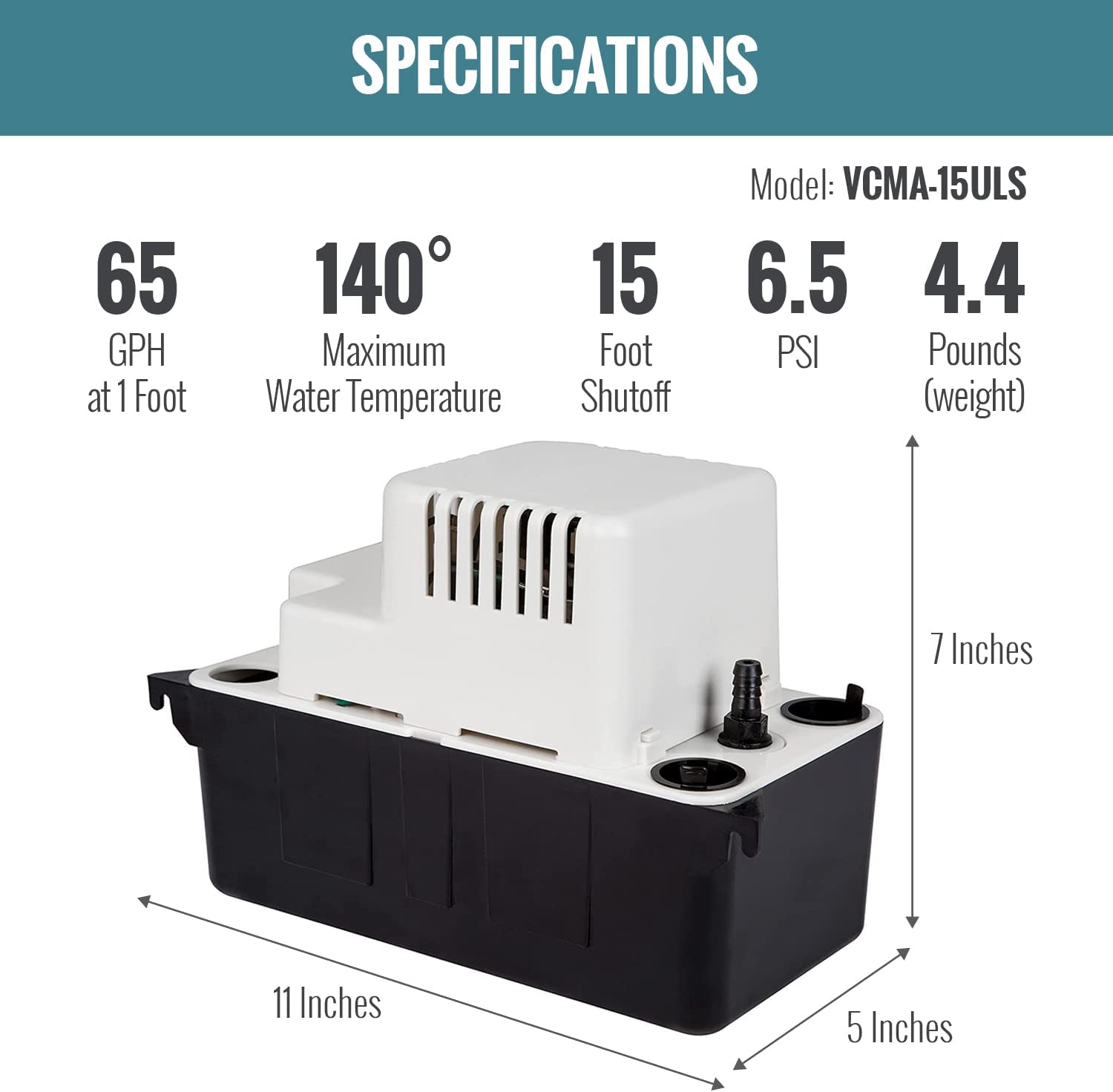 Little Giant 554405 65 GPH Condensate Pump with Safety Switch， White， VCMA-15ULS