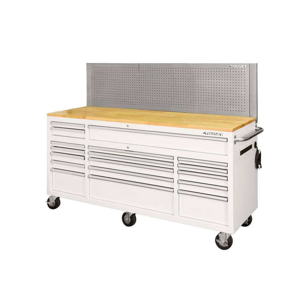 Husky 72 in. W x 24 in. D 18-Drawer Standard Duty Mobile Workbench Tool Chest with Solid Wood Top and Pegboard in Gloss White HOTC7218BJ2M