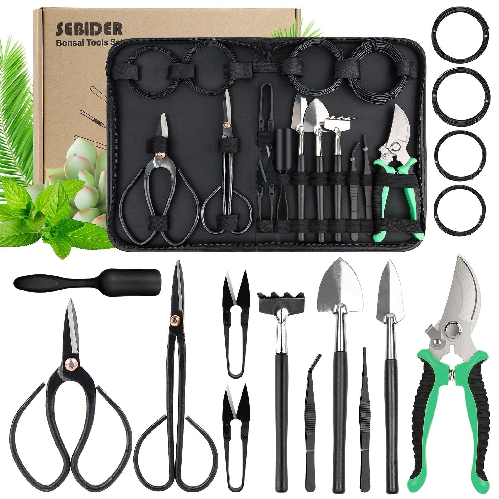 SEBIDER YL116 16 Pcs Bonsai Tools Kit with Case, Carbon Steel Scissor Garden Plant Tools