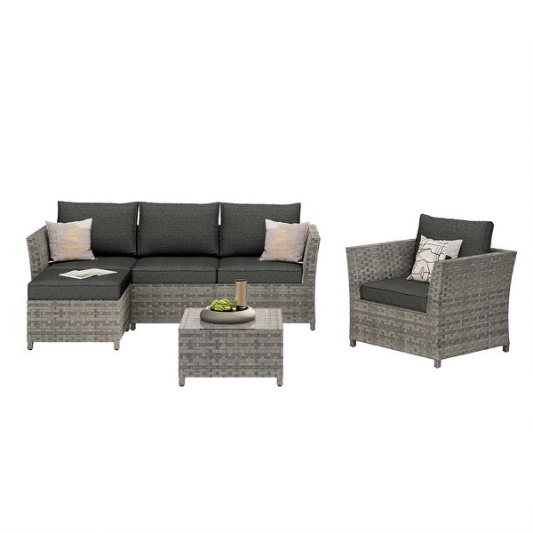 HOOOWOOO Patio Furniture Outdoor 6piece Grey Rattan Sectional Set with Ottoman