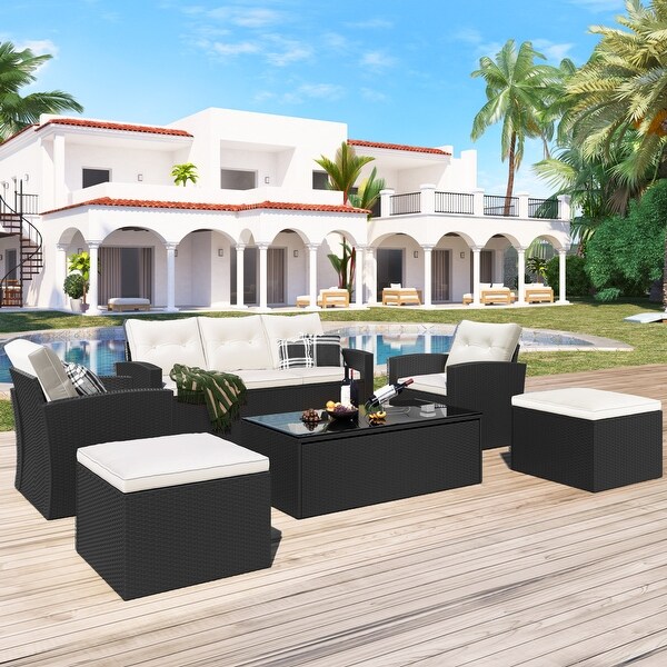 6Piece Patio Outdoor Conversation Set，AllWeather PE Rattan Sectional Sofa with Coffee Table and Ottomans