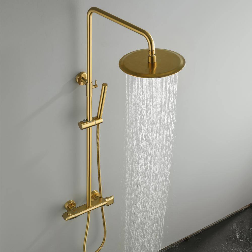 Tomfaucet Luxury Thermostatic 2-Spray Multi-function  Wall Bar Shower Kit with Hand Shower in Brushed Gold TFB0844BG