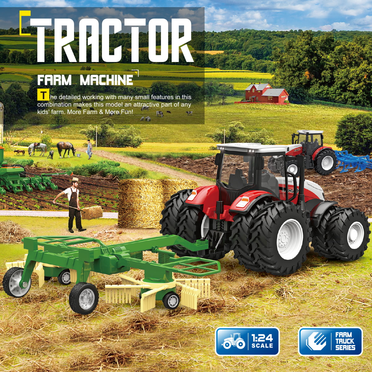 Fisca Remote Control Farm Tractors Toys for Kids with Windrower， RC Farm Trucks Vehicles for Toddlers