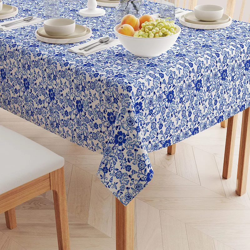 Rectangular Tablecloth， 100% Cotton， 52x104， Watercolor Flowers on Vines Blue