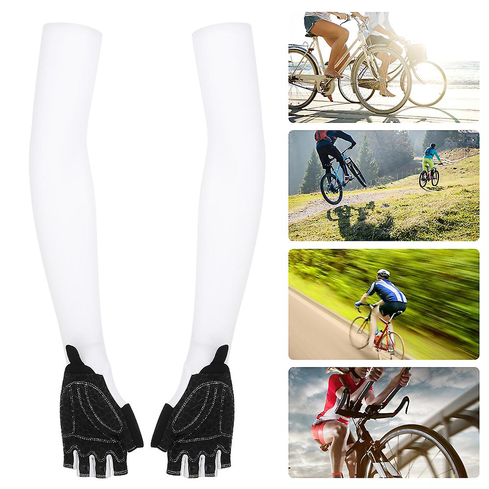 A Pair White Elastic Polyurethane Outdoor Cycling Anti Skid Sunscreen Long Gloves Sports Arm Sleeves(white L)