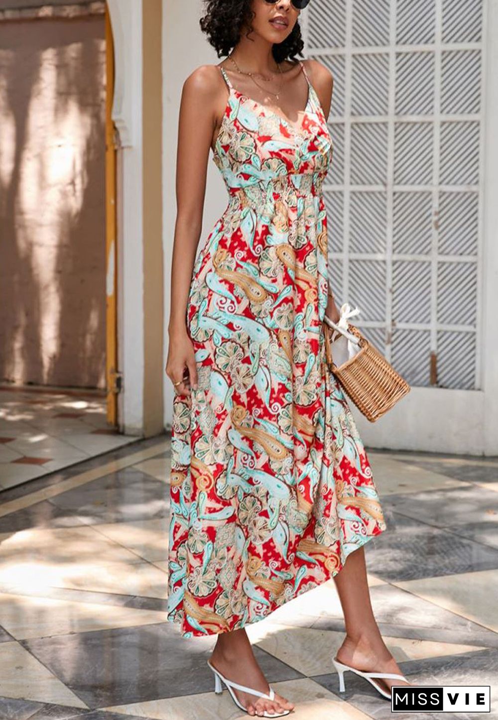 Tropical Leaf Print Surplice Neck Dress