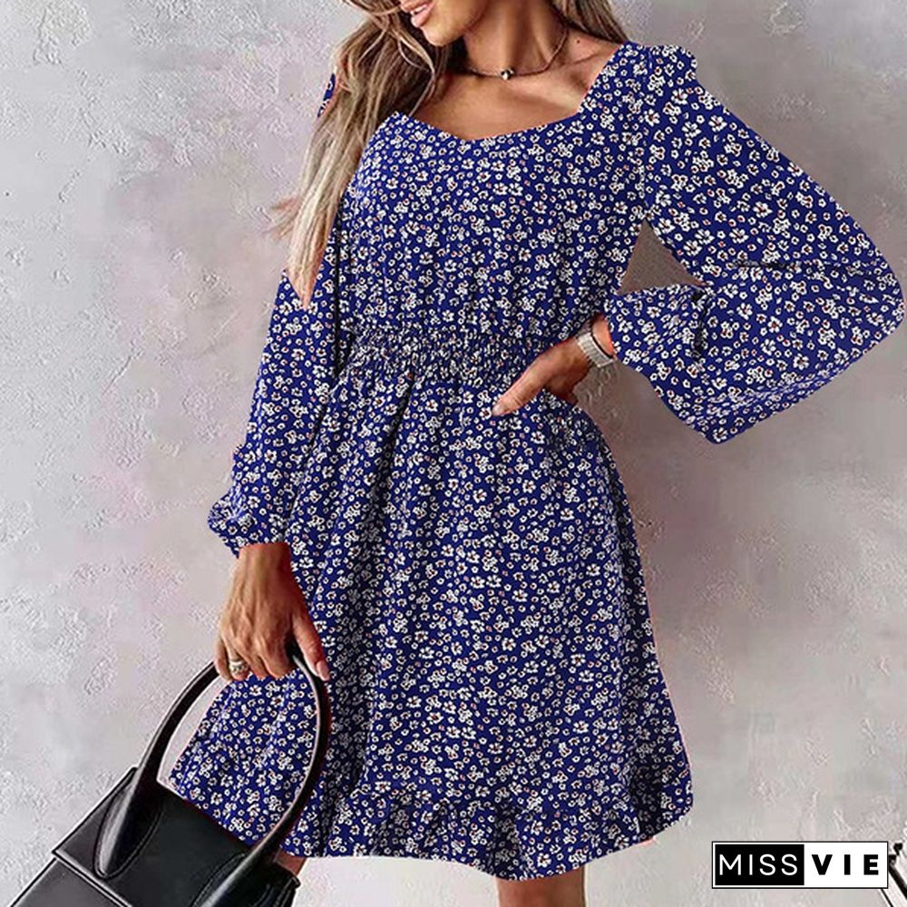 Spring Autumn Women Floral Print Mini Dress Puff Long Sleeve Square Neck Ruffled Hem Party Casual Pleated Short Dress Plus Size