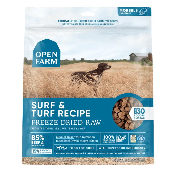 OPEN FARM GRAIN FREE SURF and TURF RECIPE FREEZE DRIED RAW DOG FOOD;