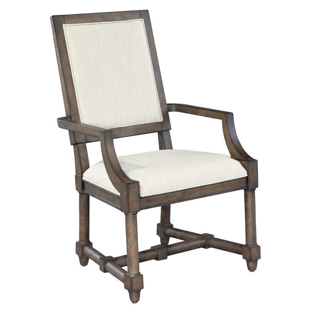 Brown Solid Wood and White Linen Upholstered Dining Arm Chair