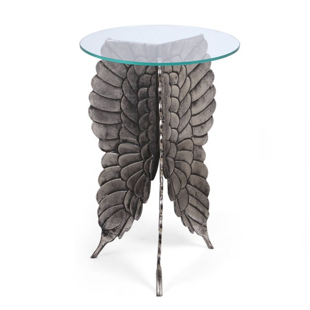 Joni Boho Glam Handcrafted Aluminum Fairy Wing Accent Table With Glass Top Antique Nickel Christopher Knight Home