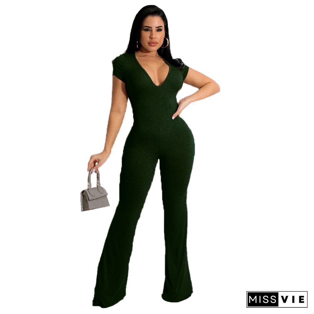 Short Sleeve V-neck Solid Flare Jumpsuit