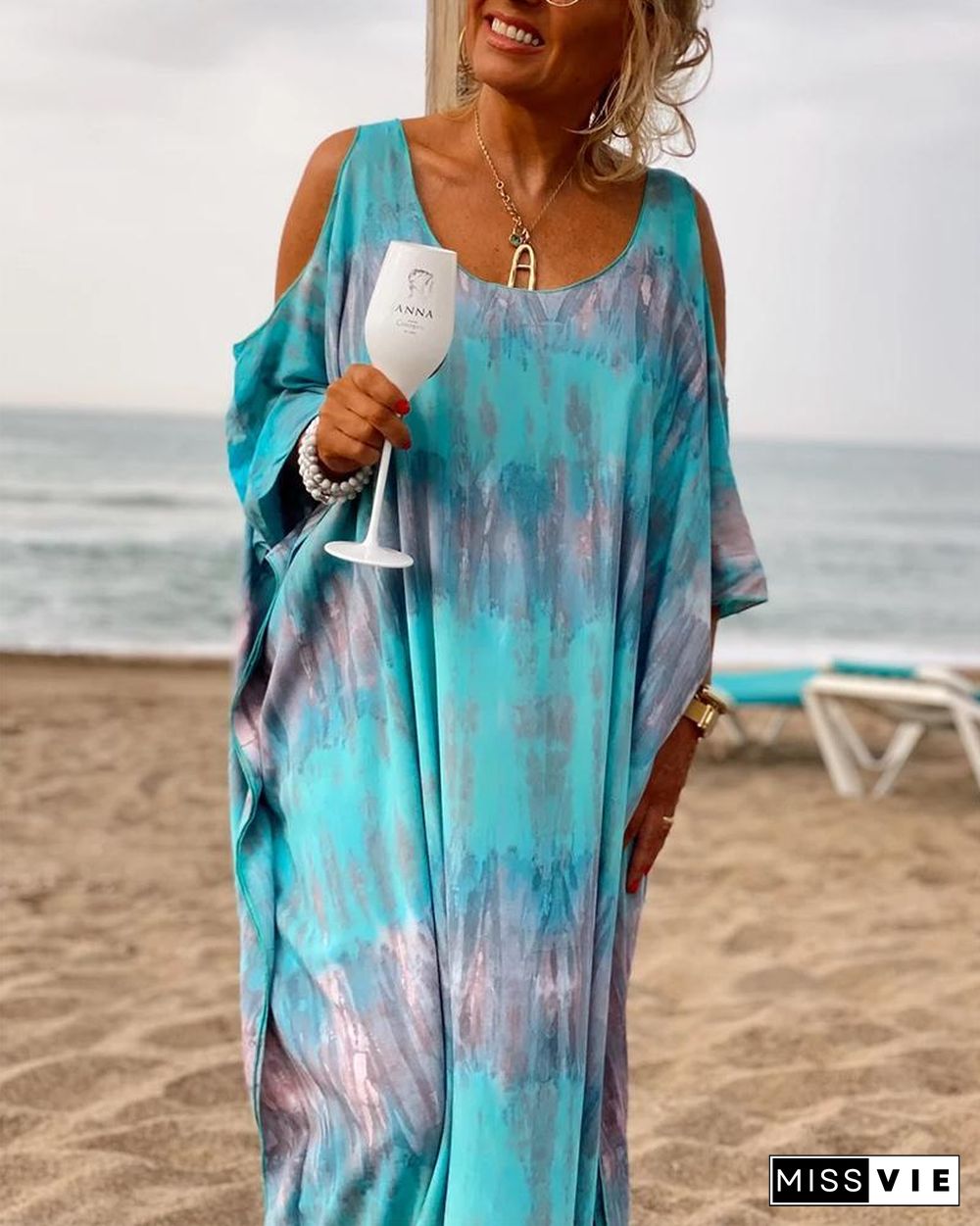 Tie-Dye Print Cold Shoulder Batwing Sleeve Maxi Dress P10008